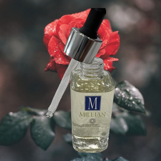 Millian Skincare Rose Essential Oil . Organic rosehip seed oil, organic olive oil infused with organic calendula flowers, organic jojoba oil, vitamin E oil, and a blend of pure essential oils