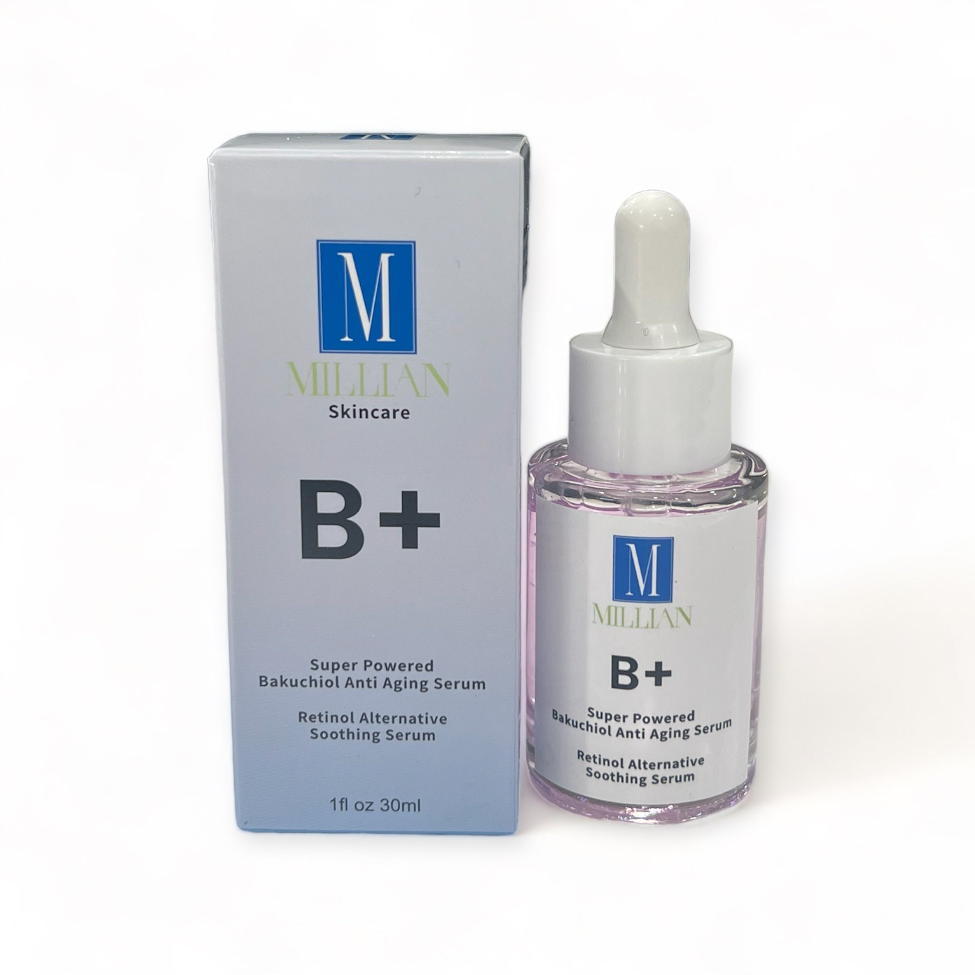 Millian Skincare B+ Super Powered Bakuchiol Anti-Aging Serum, a revolutionary skincare elixir that harnesses the potent benefits of Bakuchiol to visibly diminish the signs of aging. This advanced serum is formulated with a powerful concentration of Bakuchiol, a natural alternative to retinol, to help reduce the appearance of fine lines, wrinkles, and uneven texture.