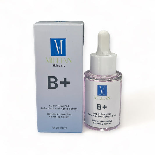 Millian Skincare B+ Super Powered Bakuchiol Anti-Aging Serum, a revolutionary skincare elixir that harnesses the potent benefits of Bakuchiol to visibly diminish the signs of aging. This advanced serum is formulated with a powerful concentration of Bakuchiol, a natural alternative to retinol, to help reduce the appearance of fine lines, wrinkles, and uneven texture.
