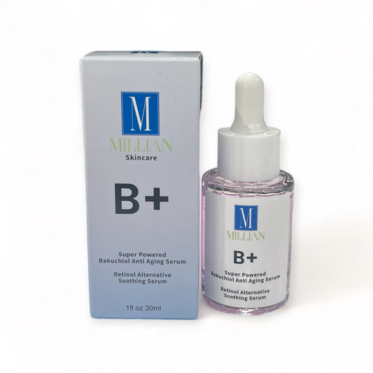Millian Skincare B+ Super Powered Bakuchiol Anti-Aging Serum, a revolutionary skincare elixir that harnesses the potent benefits of Bakuchiol to visibly diminish the signs of aging. This advanced serum is formulated with a powerful concentration of Bakuchiol, a natural alternative to retinol, to help reduce the appearance of fine lines, wrinkles, and uneven texture. 